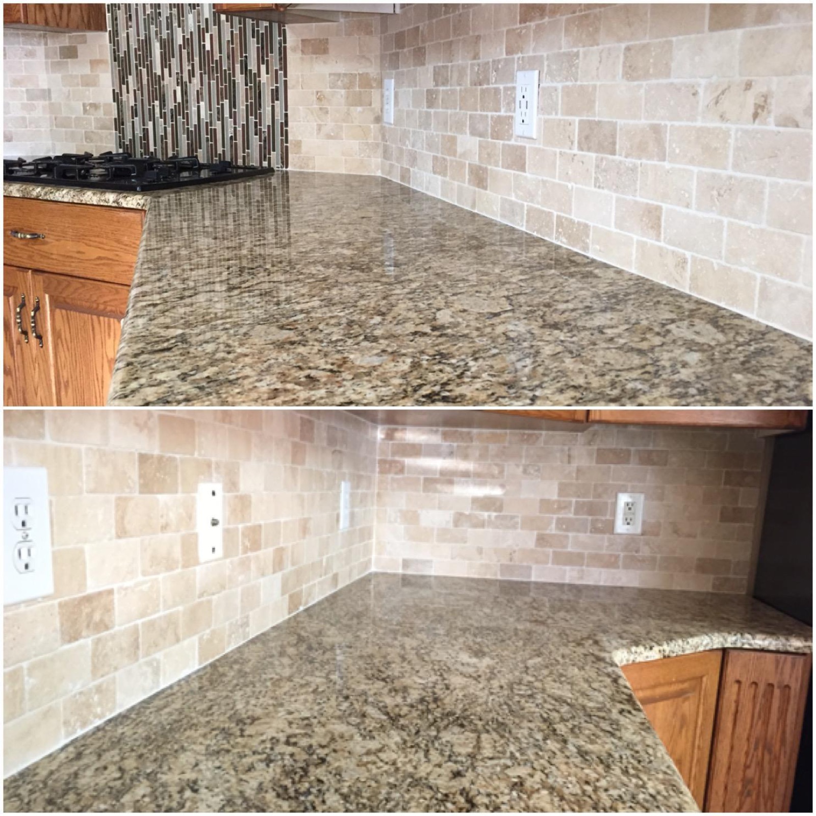 New granite countertops paired with a travertine subway backsplash and a glass mosaic strip behind the range — a before-and-after kitchen refresh.